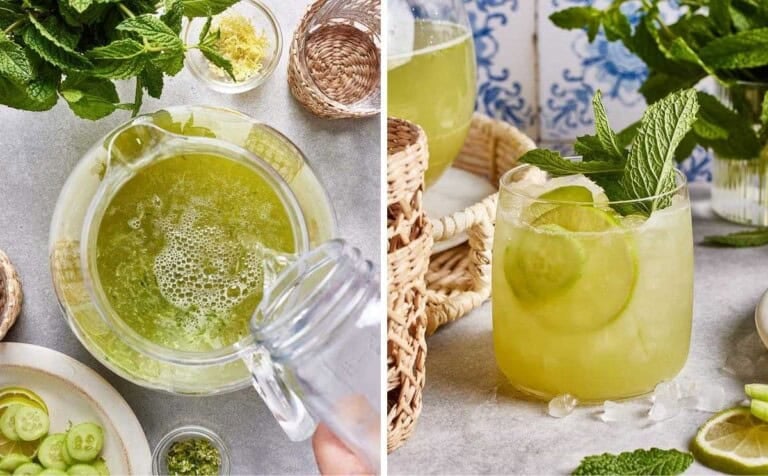 A collage of images showing how to make the drink.