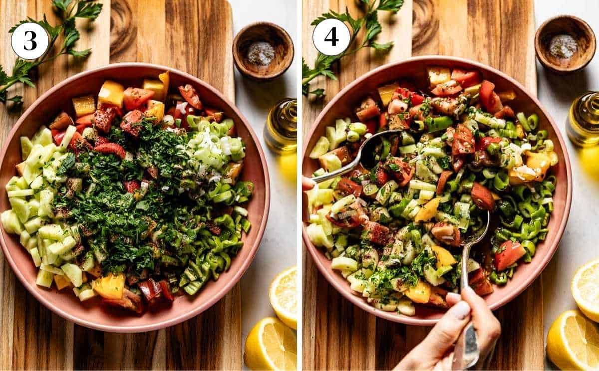 A collage of images showing the mixing of Turkish tomato and cucumber salad.