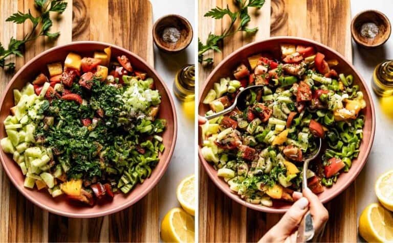 Side by side photos showing the making of coban salad.