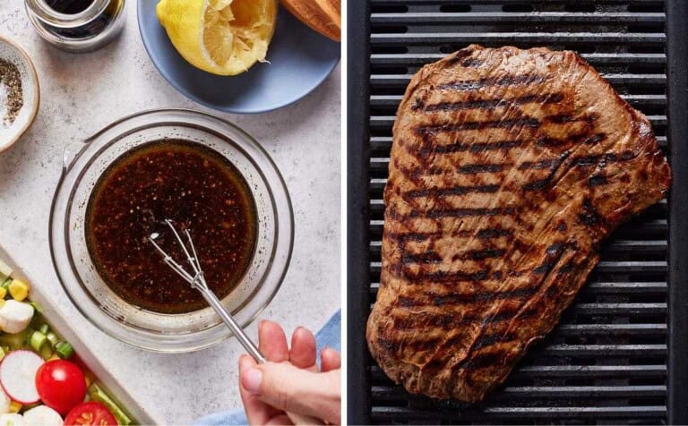 A collage of images showing the dressing being made and the meat grilled.