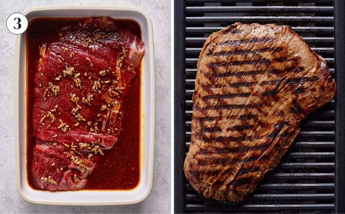 Marinated flank steak before and after it is grilled.
