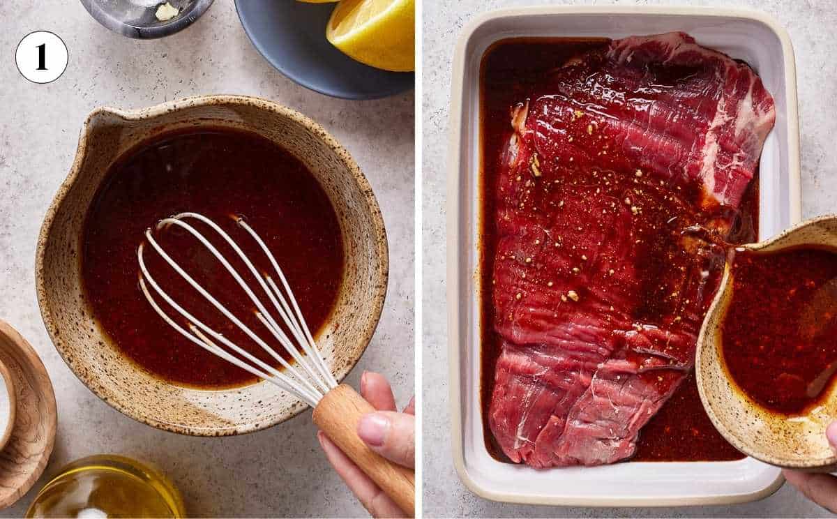 Person making a flank steak salad and adding it into a bowl with the steak.
