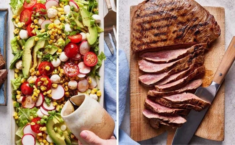 Person adding the dressing over the salad and the steak is sliced.