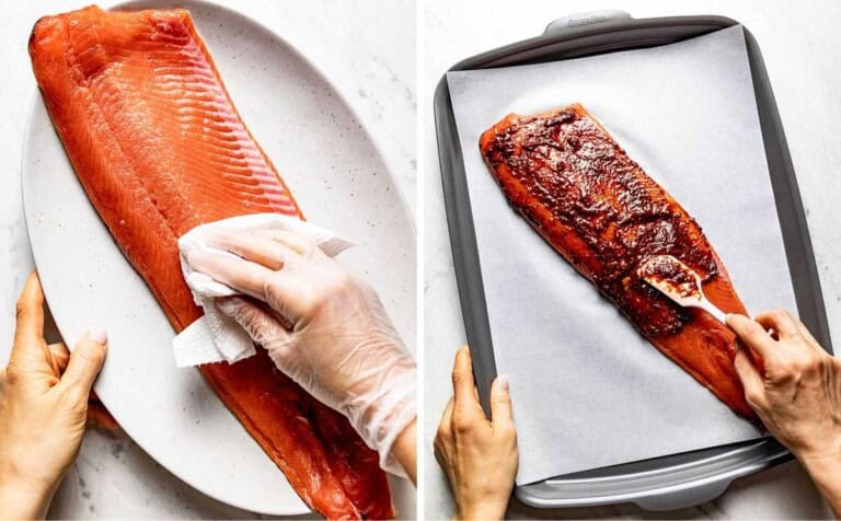 Photos showing the salmon being prepared for baking.