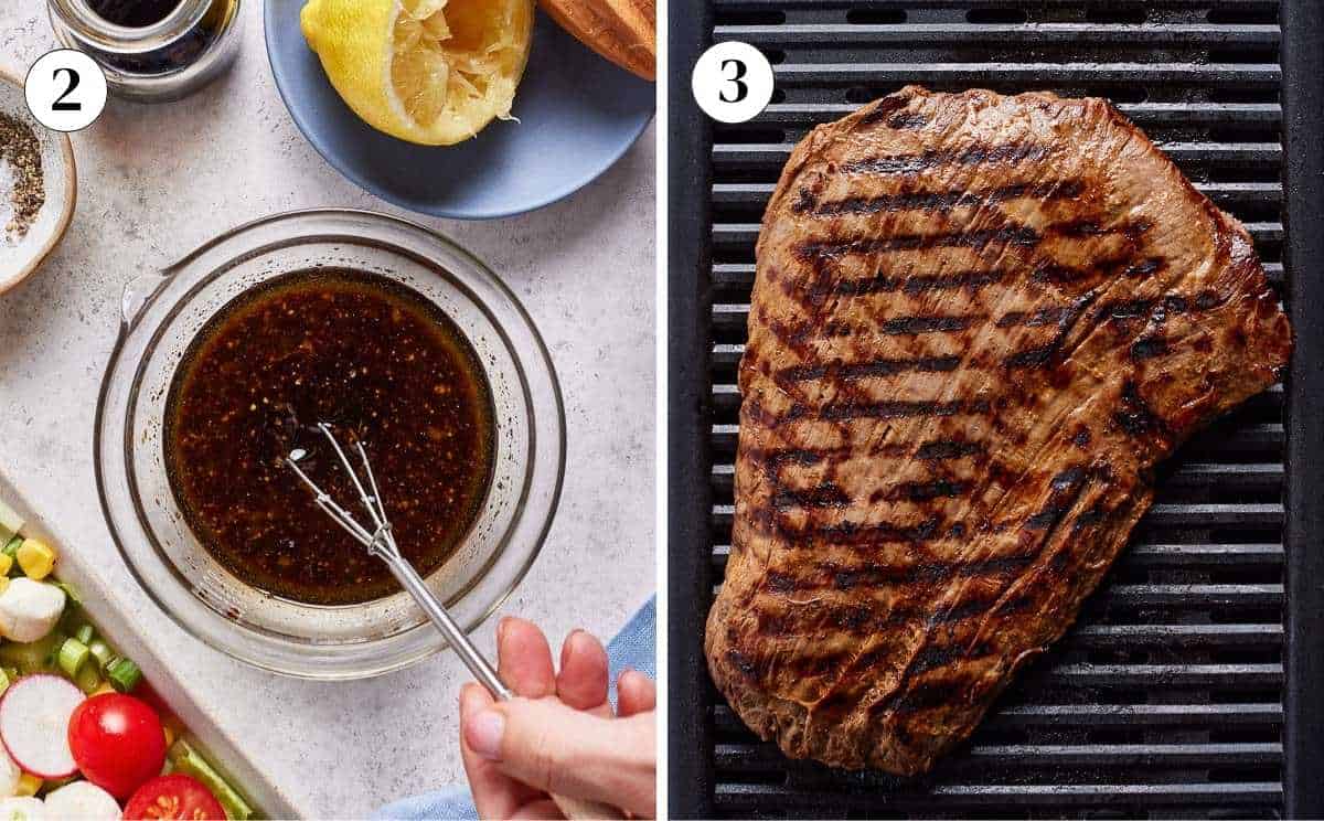 Person making salad dressing and grilling the meat.
