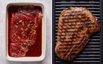 Flank steak in the marinade and then on the grill.