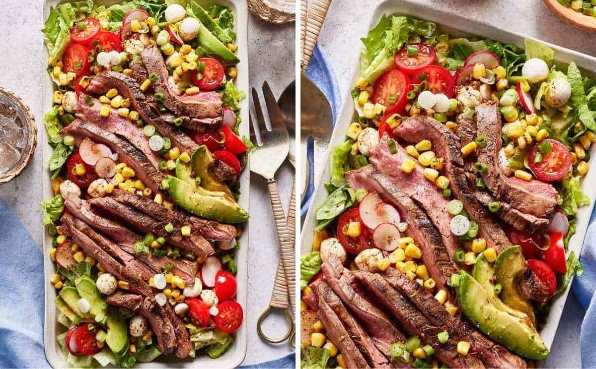 Marinated flank steak served over a salad.