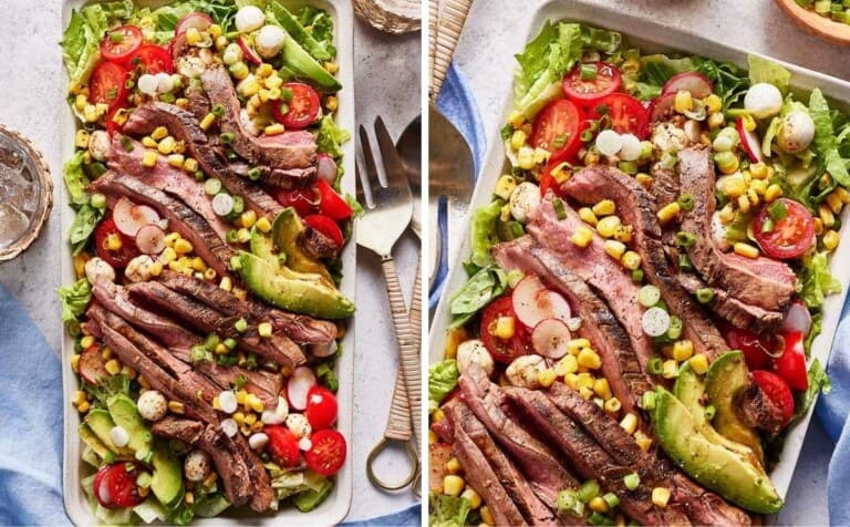 Grilled marinated flank steak salad from the top view.