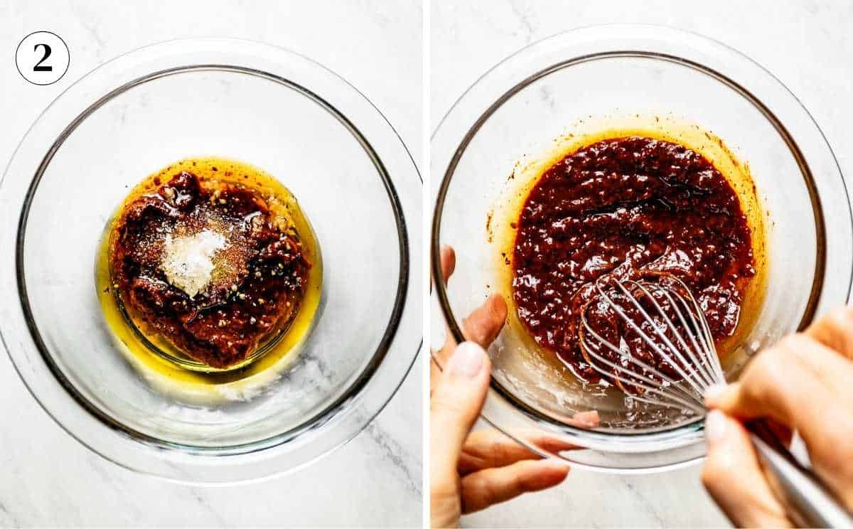 A collage of images showing of the making of the dressing.