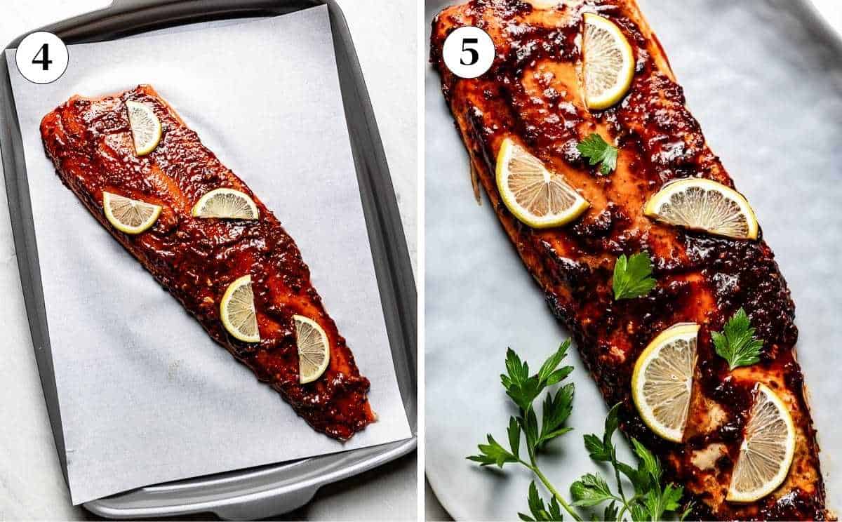 Images showing honey harissa salmon before and after it is baked.