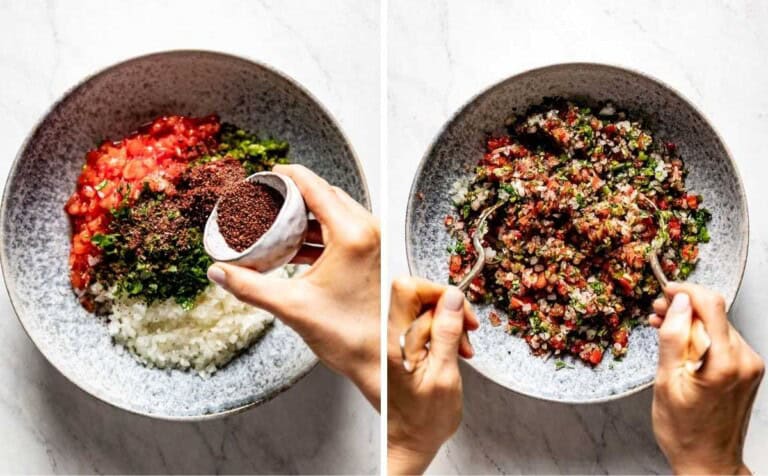 Person mixing ezme salad ingredients in a bowl.