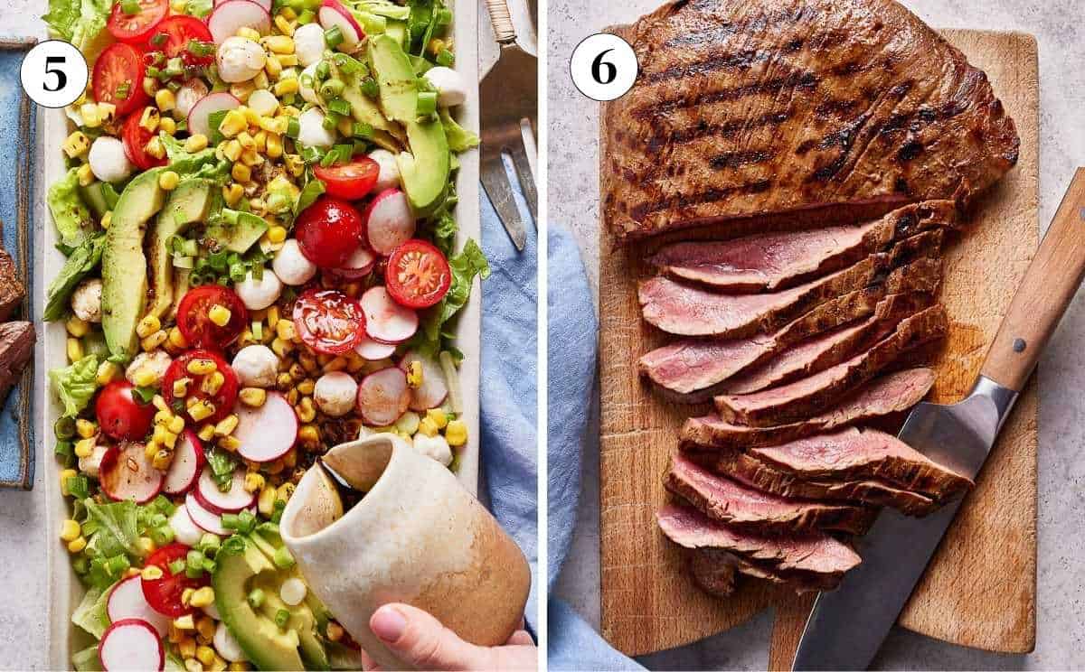 A collage of images showing the dressing of the salad and the slicing of the grilled steak.