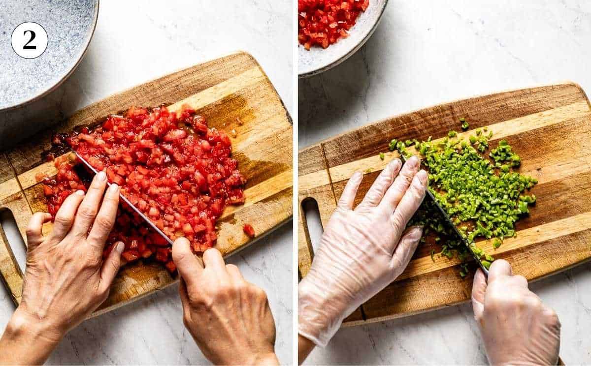 A collage of images showing of the cutting tomatoes and peppers.