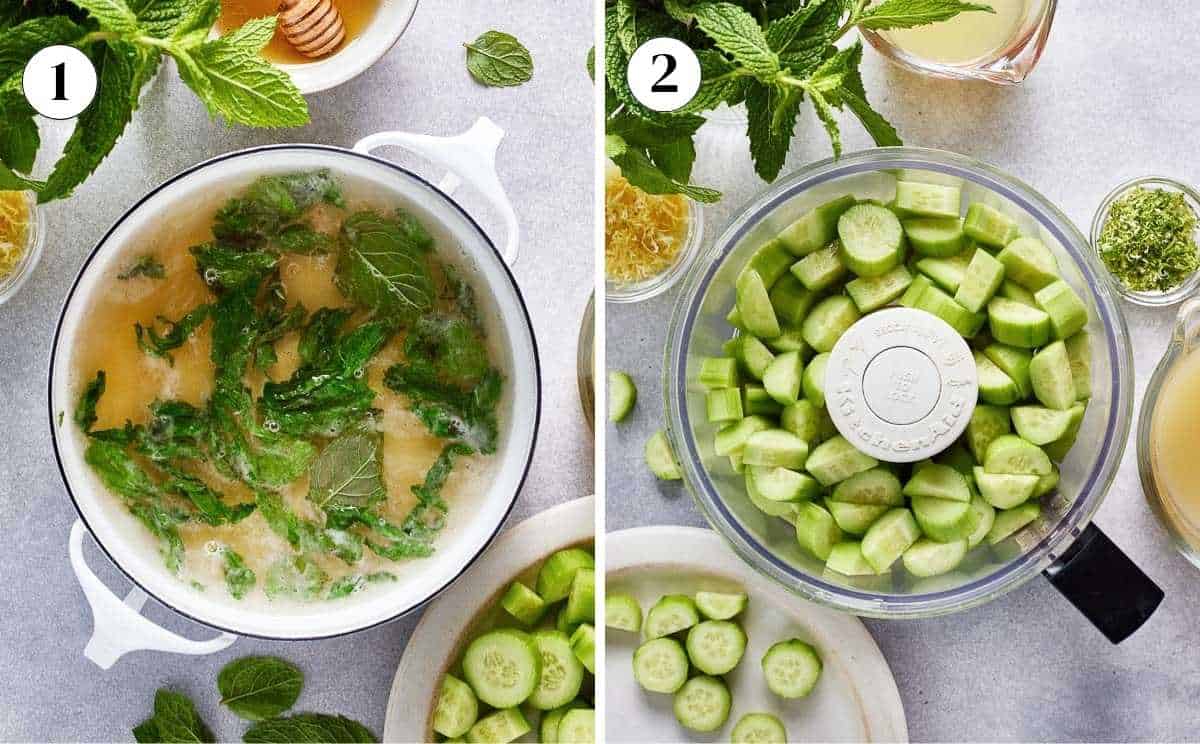 A collage of images showing the making of simple syrup and cucumbers in a food processor.