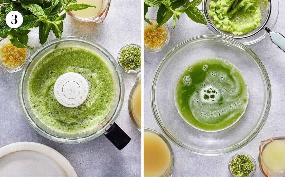 A collage of images showing the making of cucumber juice.