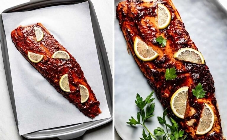 Photos showing harissa salmon before and after it is baked.