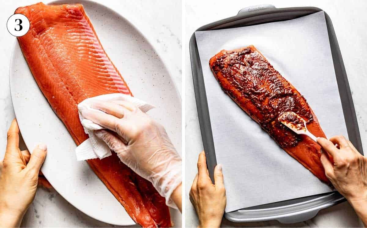 A collage of images showing how to prepare salmon to bake.