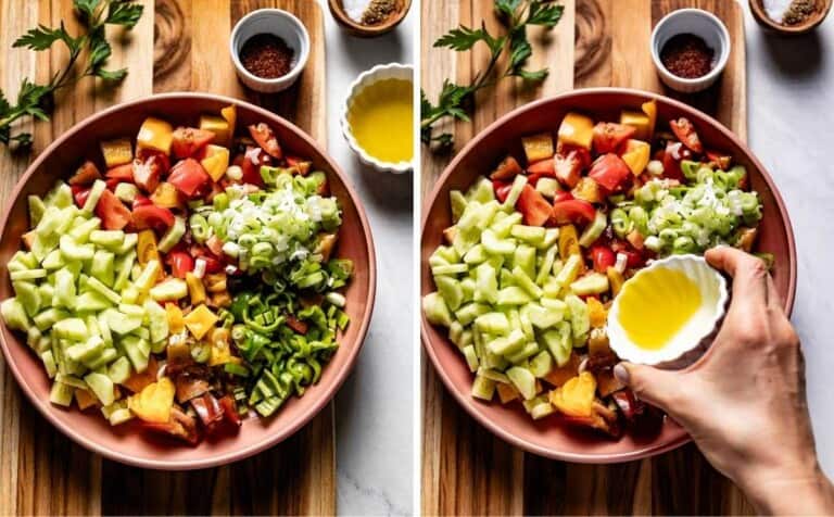 Side by side images showing the ingredients of Turkish shepherd's salad.