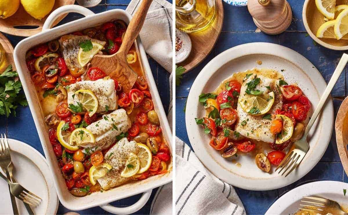 Two images showing Mediterranean cod with tomatoes and olives in a casserole dish and served on a plate.