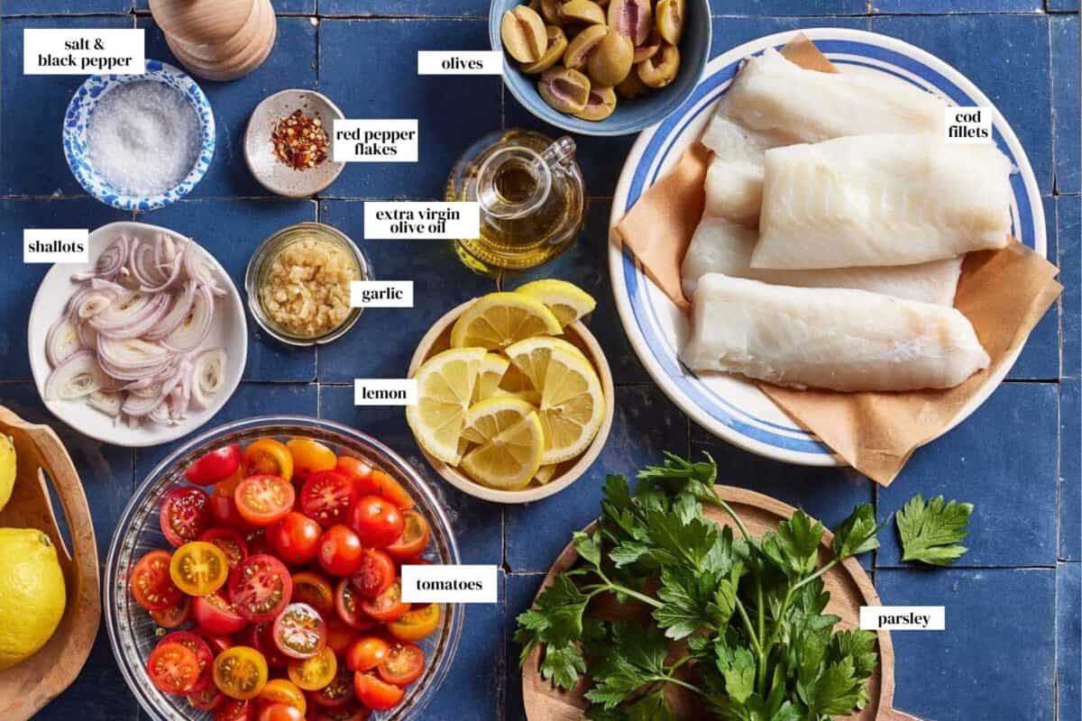 Ingredients for the recipe from the top view with text on each ingredient.