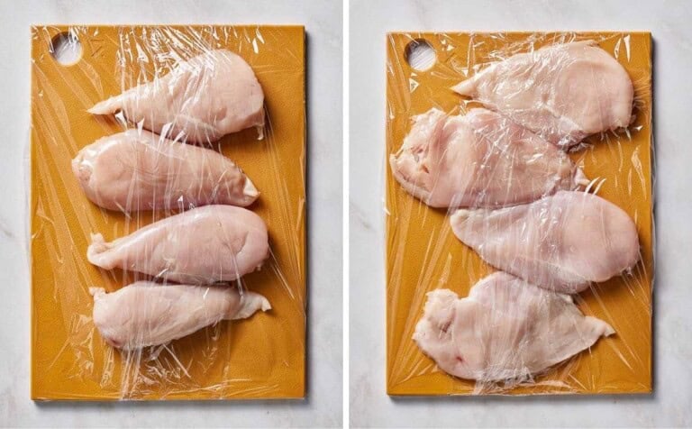 Chicken breasts pounded with stretch film on top.