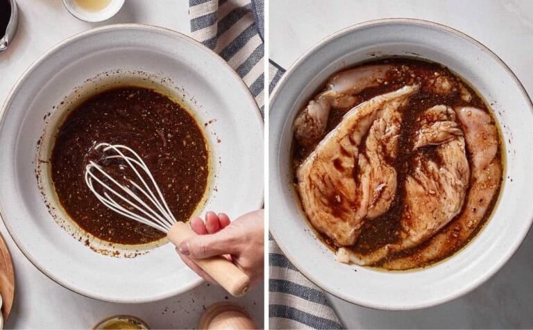 Side by side images showing how to make balsamic chicken marinade.