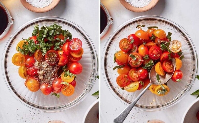 Images showing how to make tomato topping.