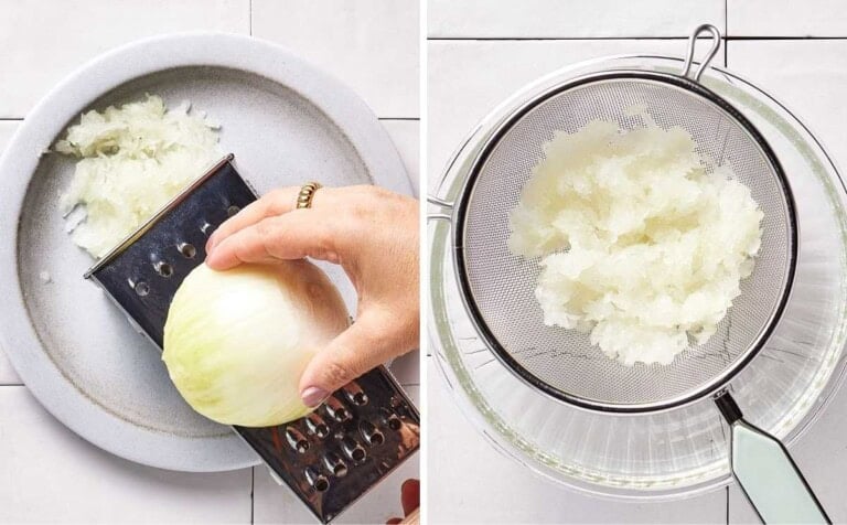 Person grating onion and then straining its juices.