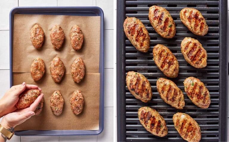 Person shaping chicken koftas and grilling them.