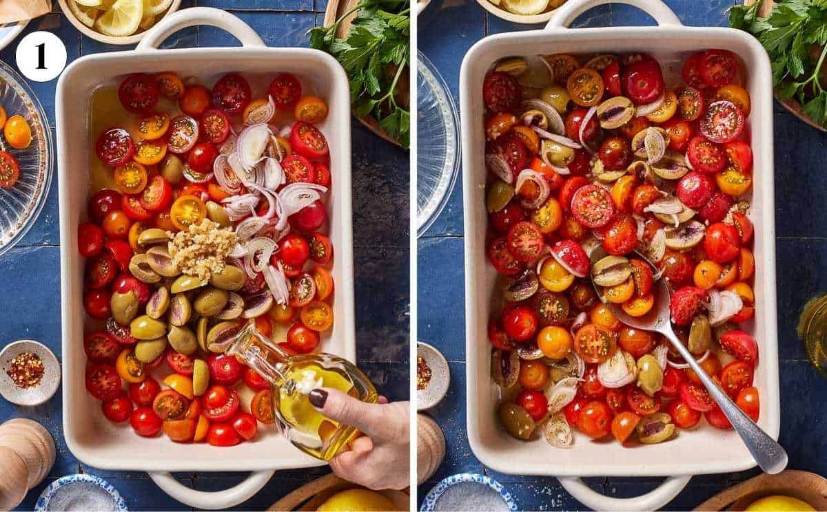 A collage of images showing how to prep the tomatoes, olives and onions before baking.