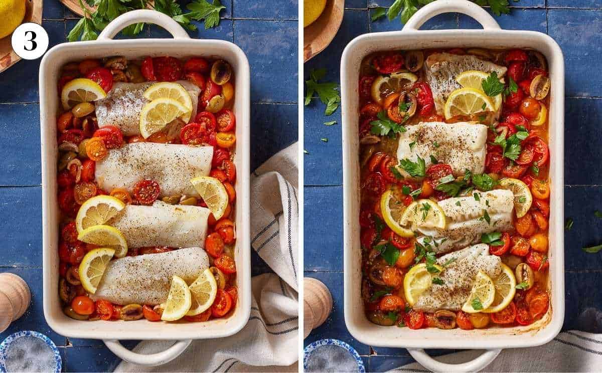 Showing the Mediterranean cod before and after it is baked.