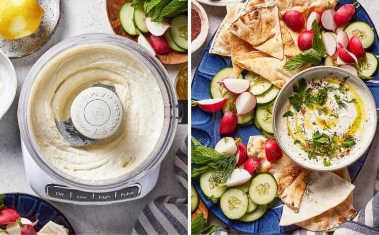 A collage of images showing the whipped feta in a food processor and in a serving platter with veggies.