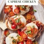 Caprese chicken on a plate from the top view.