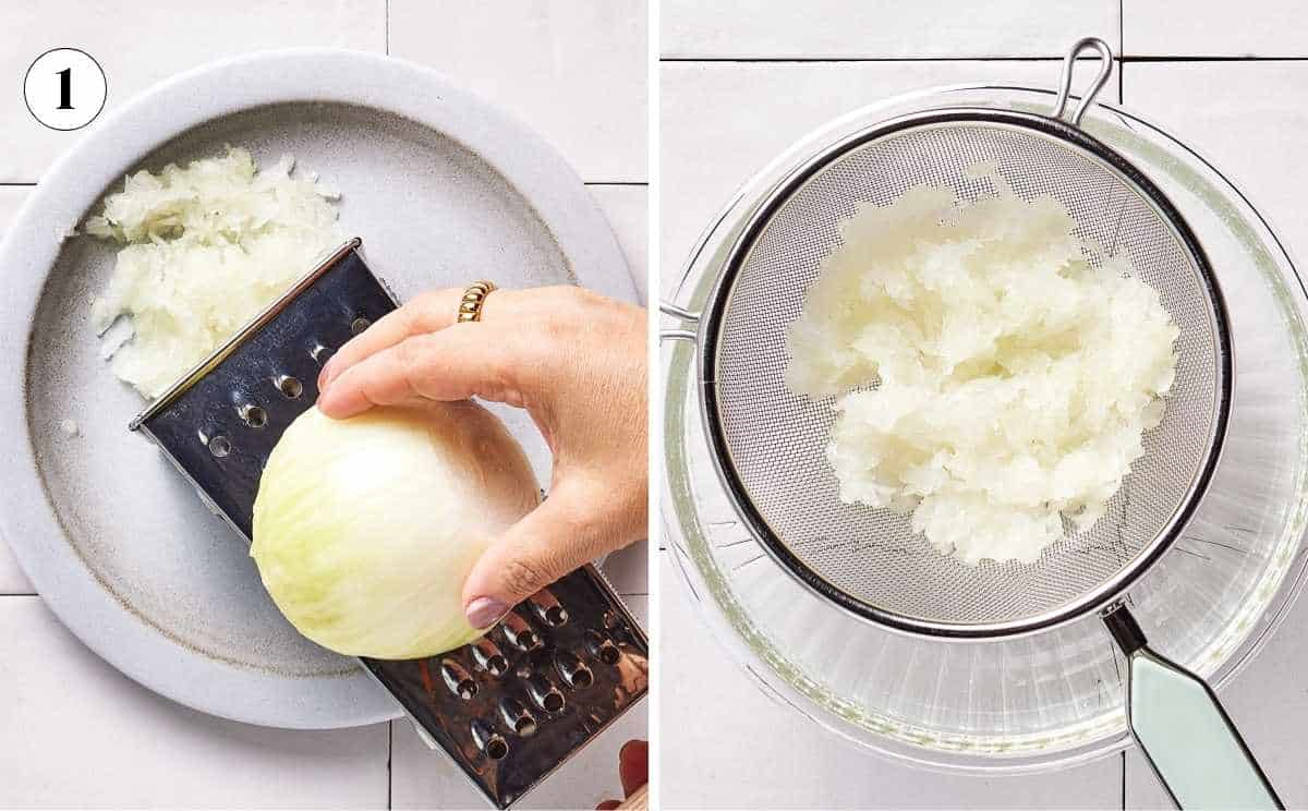 Person showing how to grate an onion using a box grater.
