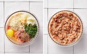 A collage of images showing the making of the chicken kofta mixture.