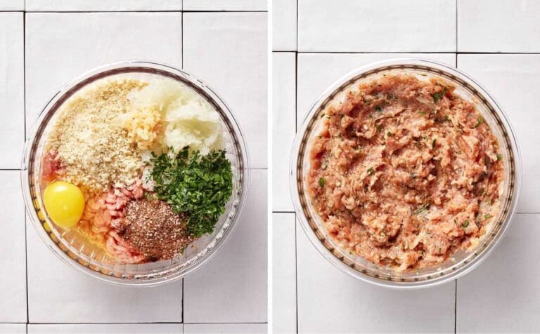 A collage of images showing the making of the chicken kofta mixture.
