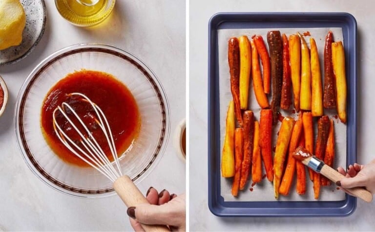 Person making harissa sauce and spreading carrots with the sauce.