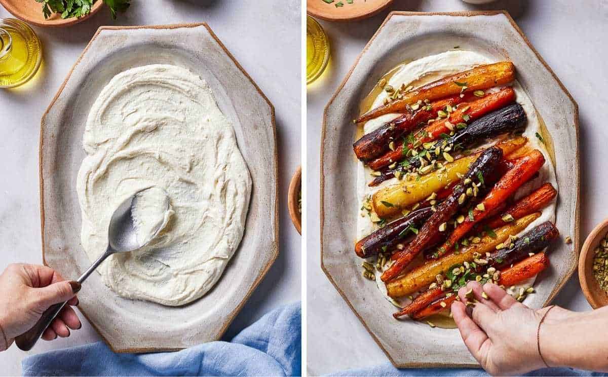 Images showing the assembly of roasted harissa carrots recipe.