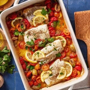 Mediterranean Baked Cod from the top view.