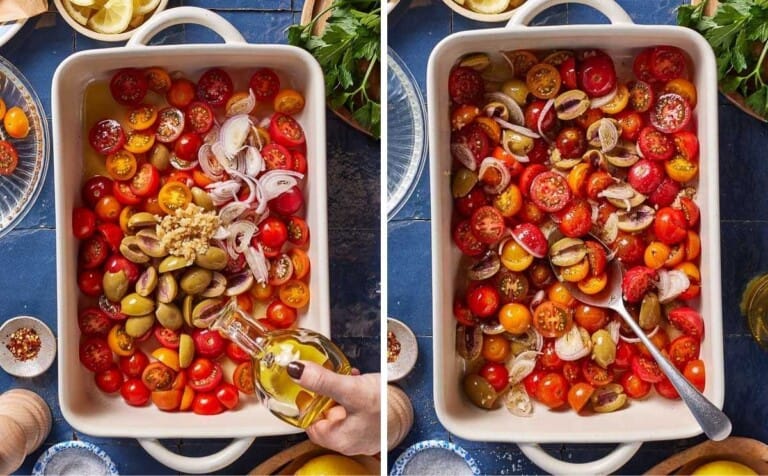 Two images showing how to prepare the tomato and olive mixture.
