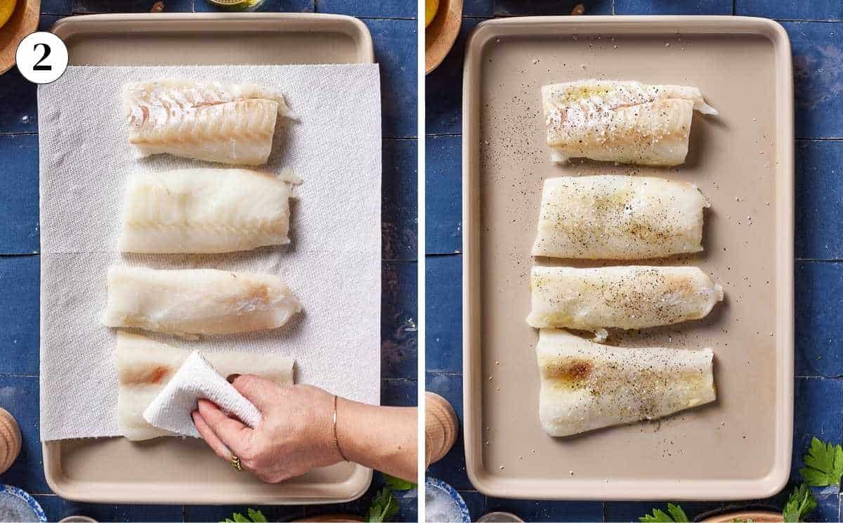 Person drying and seasoning cod fish for baking.