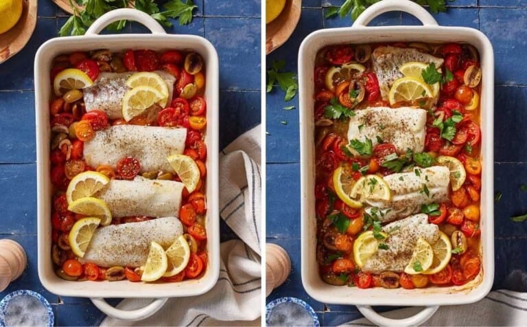 Mediterranean cod in a casserole dish before and after it is baked.