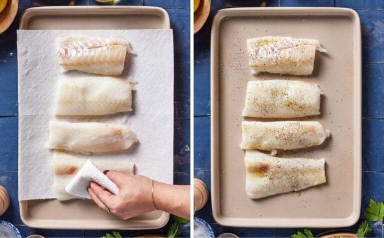 Person patr drying and seasoning cod filets.