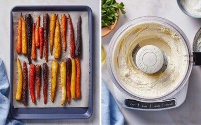 Side by side photos showing the roasted carrots and whipped feta.