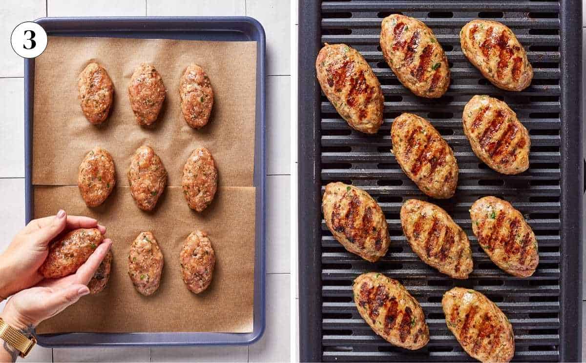 A collage of images showing the shaping of the meatballs and grilling them. 