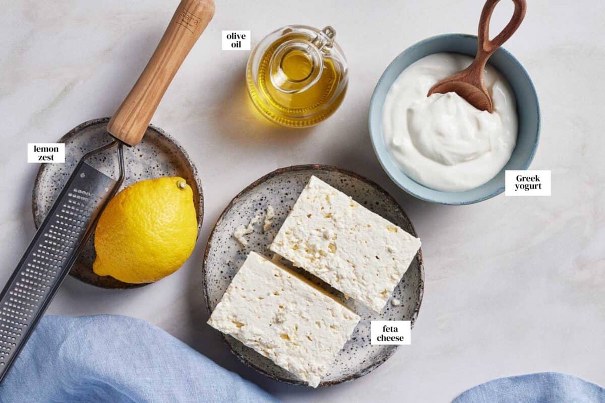 Ingredients for the creamy whipped feta spread.