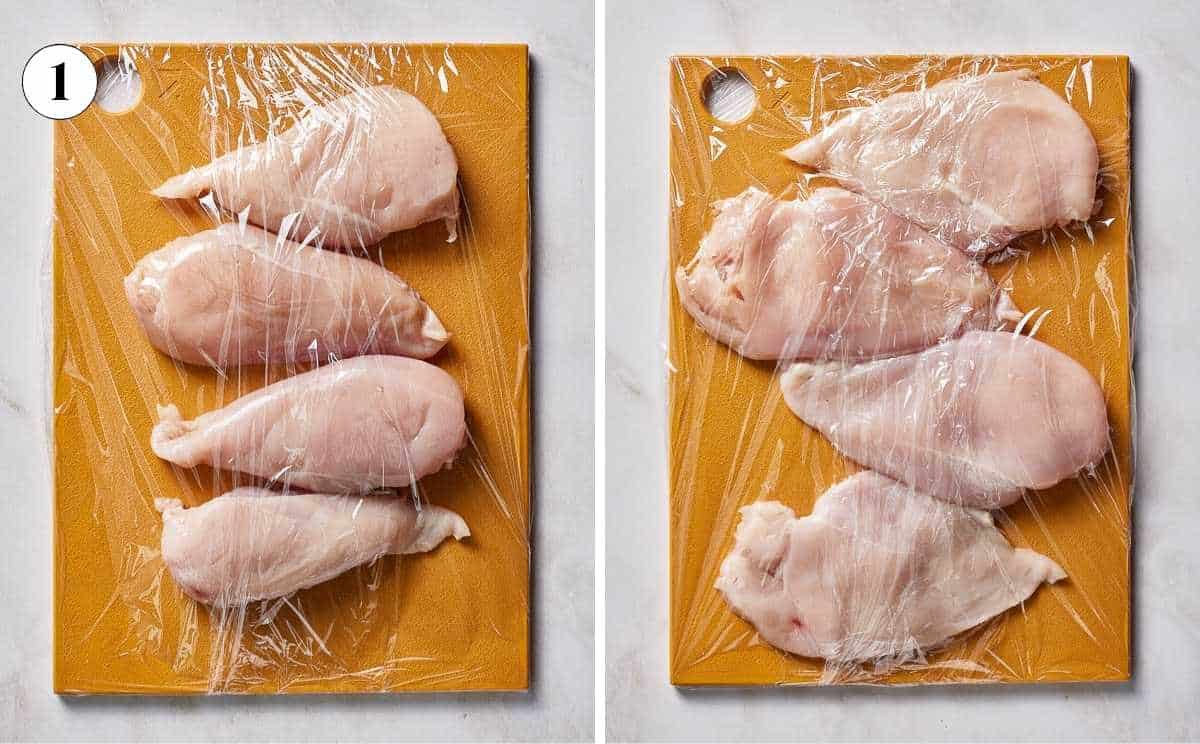 A collage of images showing chicken before and after it is pounded.