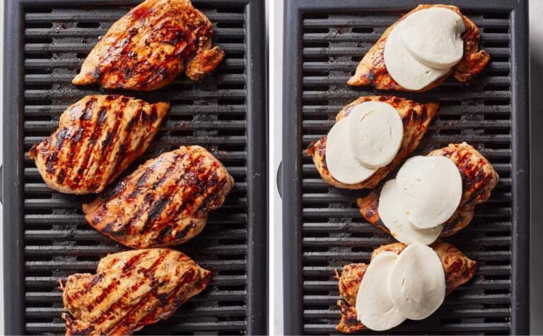 Images showing the grilling of the chicken breasts with mozzarella slices on top.