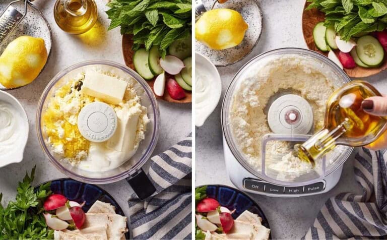 A collage of images showing the making of whipped feta cheese spread in a food processor.