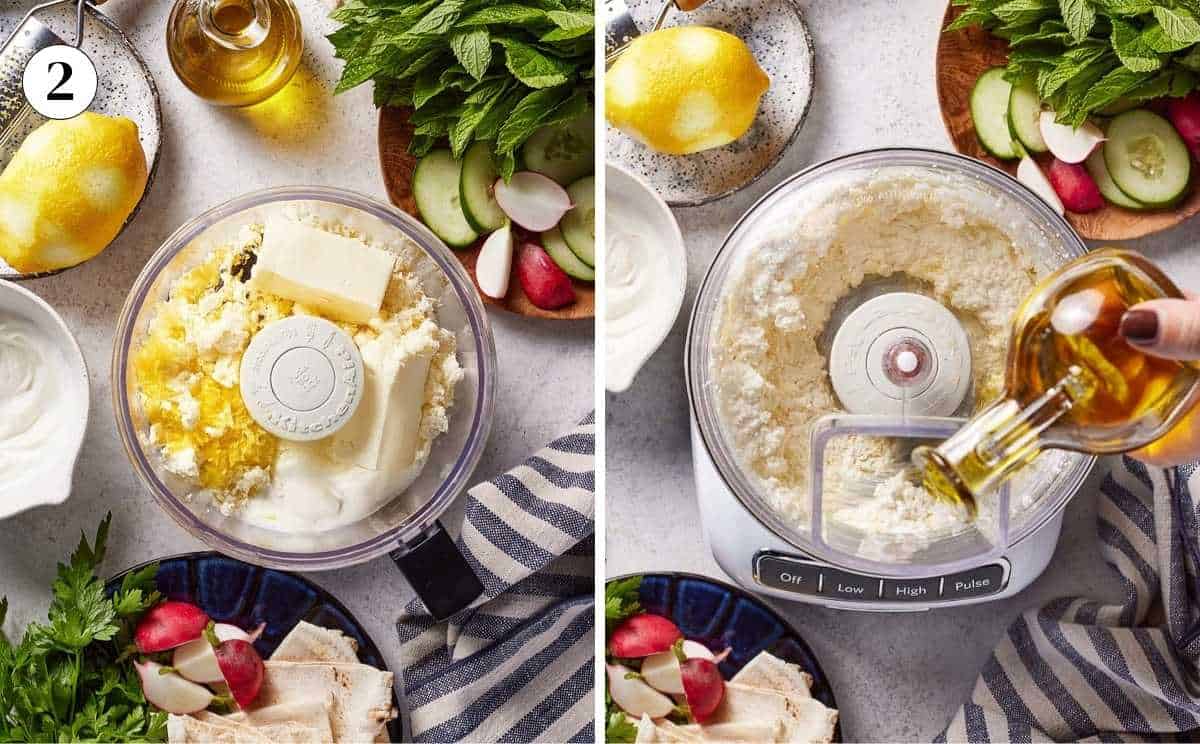 Process photos showing how to make creamed feta cheese dip.